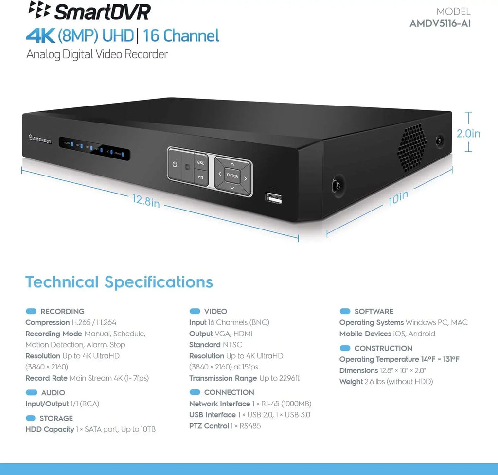 Recorder, Smart Channel DVR 4TB 4K Pre-Installed for DVR Hard Cameras AI Analog 16 Amcrest AI Security Security System DVR, IP Drive & Camera (AMDV5116-4TB) Cameras, Security Amcrest UltraHD 8MP