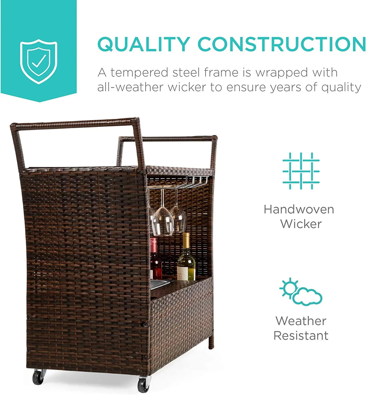 w/Removable Wicker Wine exterior Glass Compartments Glass Holders, Cart Bucket, Countertop, Ice Storage - Rolling Brown Bar