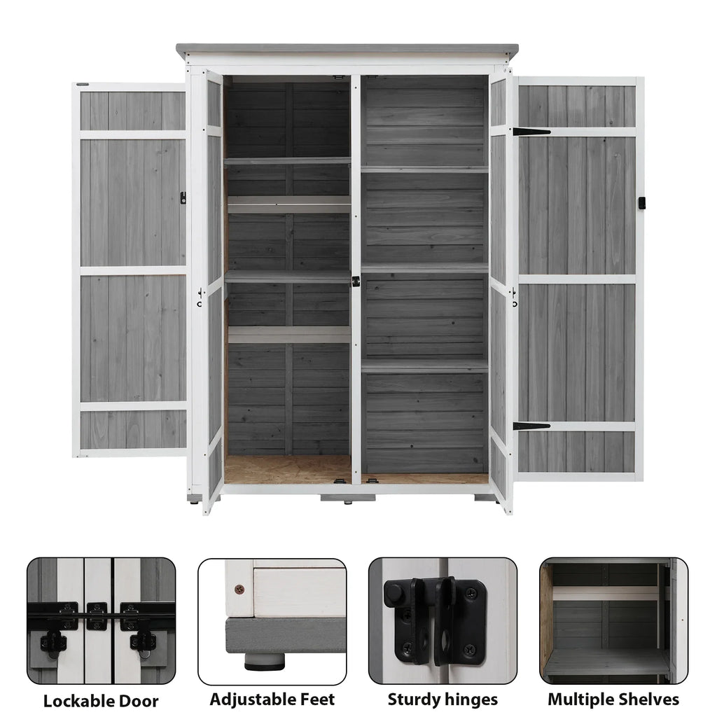 Waterproof Storage Lockable Homiyad Hx4.1ft L and Cabinet with Asphalt Tool Multiple-Tier exterior Shelves, Gray Shed, Doors, Garden Roof, Wood Four White 5.5ft