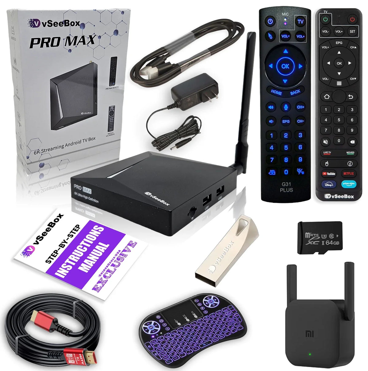 '- Max Drive, 64GB 2024 Cable, Card, 32GB Extender, Android Guide HDMI 8K Control, Keyboard, Remote Pro Storage USB Setup RAM, 4GB TF WiFi Backlit New Bundle vSeeBox Detailed 64GB 11, with