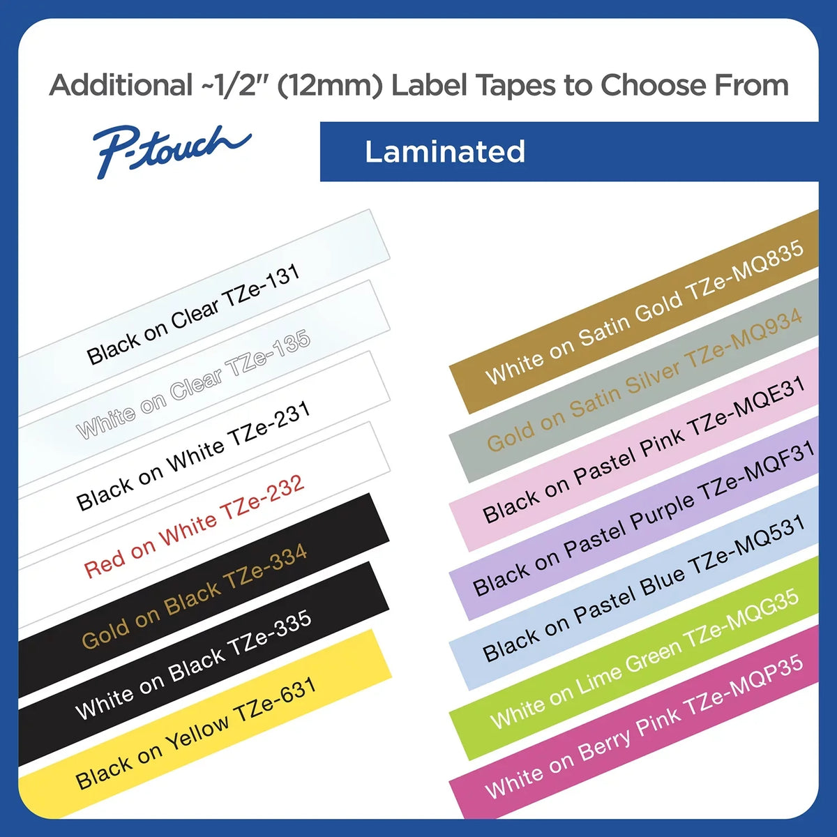 Black P-touch 2/Pack Laminated White, Brother Tze Labeling Adhesive on Tapes, 1/2"w, Standard