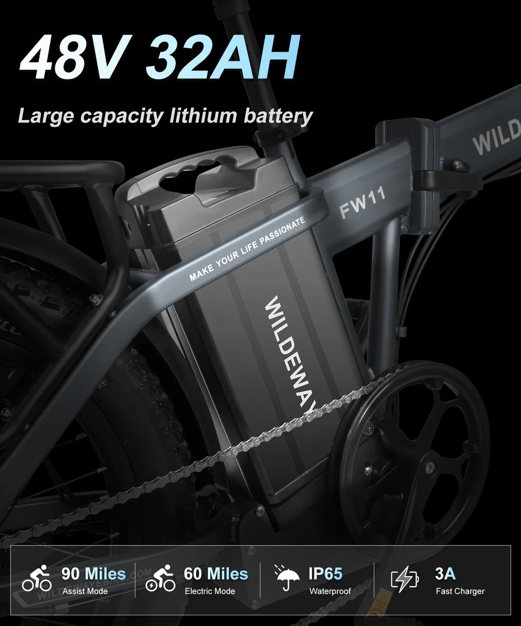 Wildeway Removable , Electric Speeds, Battery 7 Snow Fat 20×3.0 City for Bicycle Motor，48v Adults Ebike Beach ,750w 32ah Mountain Tire Folding