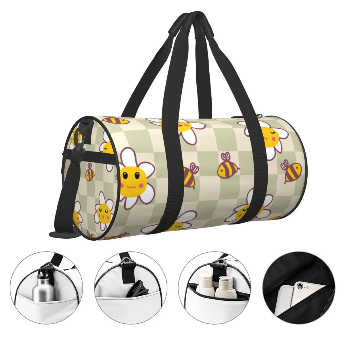 Weekenders Checkerboard Daisies Bees Gym Tote Bag ZICANCN Men Retro Bag, for Travel Bags Sports Women Duffle