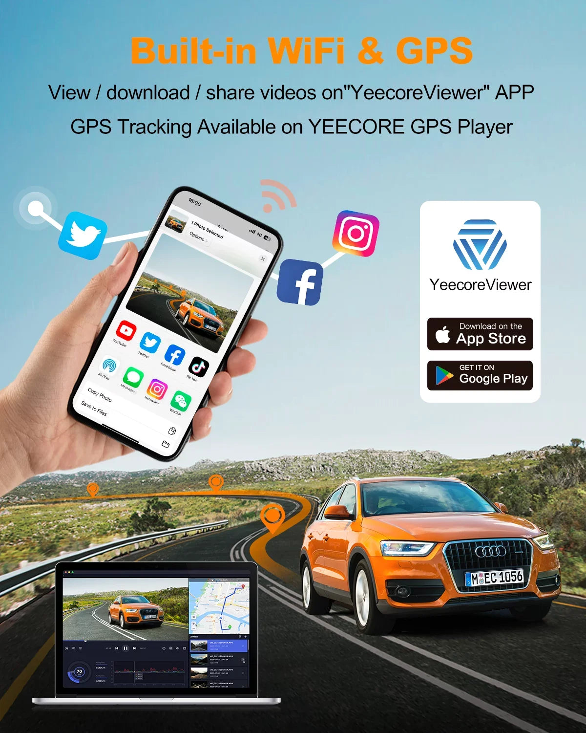 Camera Monitor, Screen, IPS 24H Built-in Dash GPS, and G-Sensor, Cars, for Cam, YEECORE 3" Parking 157°Wide Vision, Dual HDR Loop Real Rear, 4K+1080P Dash WiFi Angle Night Recording Front