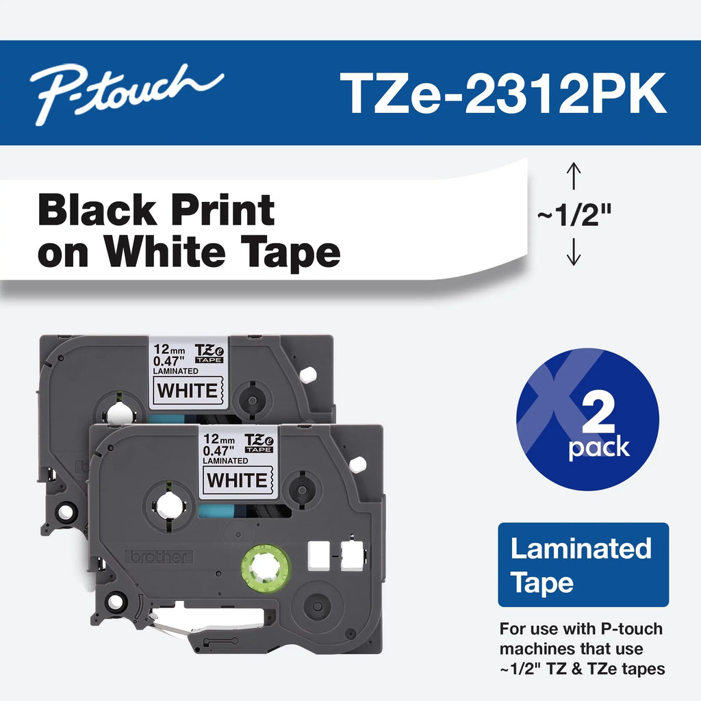 Black P-touch 2/Pack Laminated White, Brother Tze Labeling Adhesive on Tapes, 1/2"w, Standard