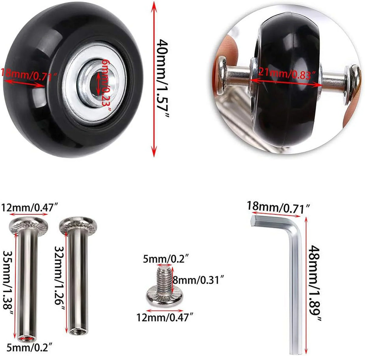 Wheels, 40mm Replacement x Luggage of OwnMy Rubber 4 A Bearings 18mm Caster Wheels Suitcase Repair Set Swivel Kits,