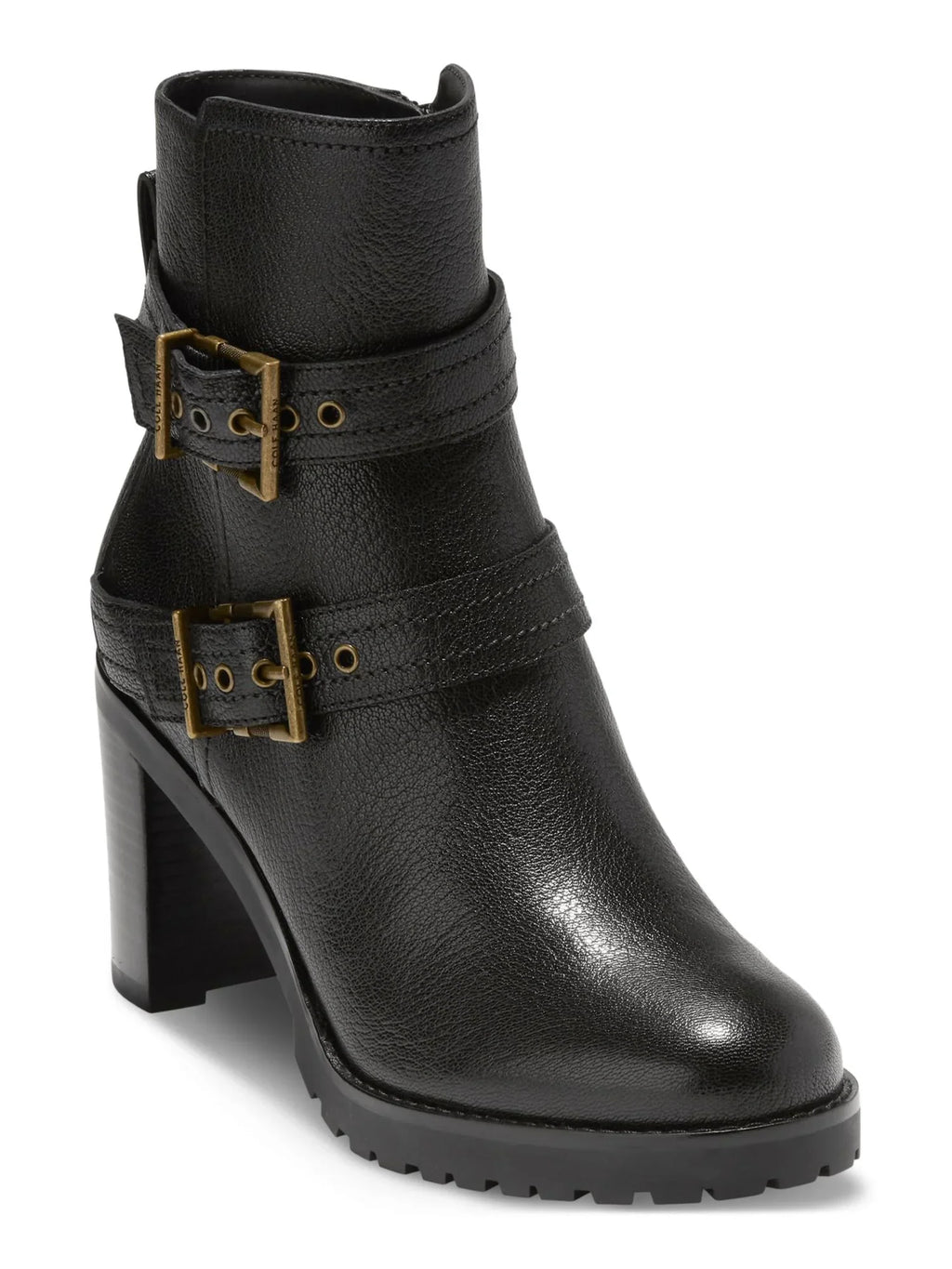 Black HAAN Buckle Stacked Foster Heel Accent Zip-Up Toe 5 Almond Womens Booties Leather COLE B