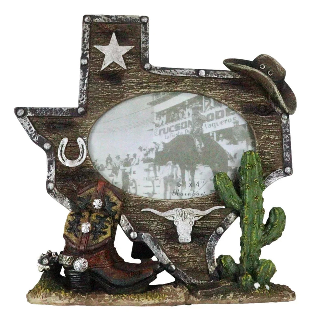 Picture Boot 4"X6" Rustic State Longhorn Cactus Cowboy Map Western Texas Frame
