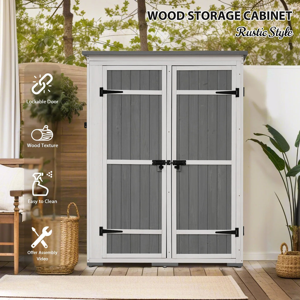 Waterproof Storage Lockable Homiyad Hx4.1ft L and Cabinet with Asphalt Tool Multiple-Tier exterior Shelves, Gray Shed, Doors, Garden Roof, Wood Four White 5.5ft