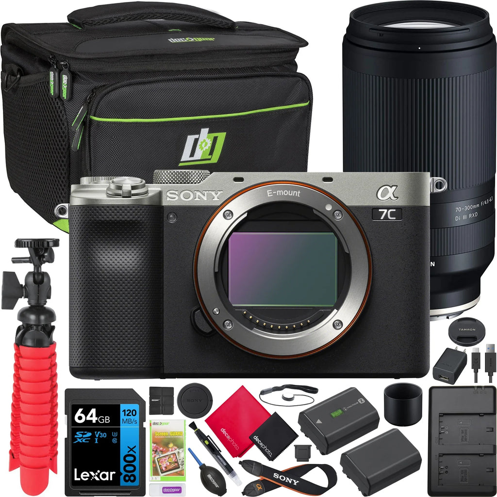 '+ &Kit Gear Full Frame Tripod with Tamron a7C Bag + Charger+ Extra Accessories III Bundle 70-300mm Camera Mirrorless Card+ Body RXD ILCE-7C/S Lens &Dual A047 Deco Silver Battery F4.5-6.3 Di 64GB