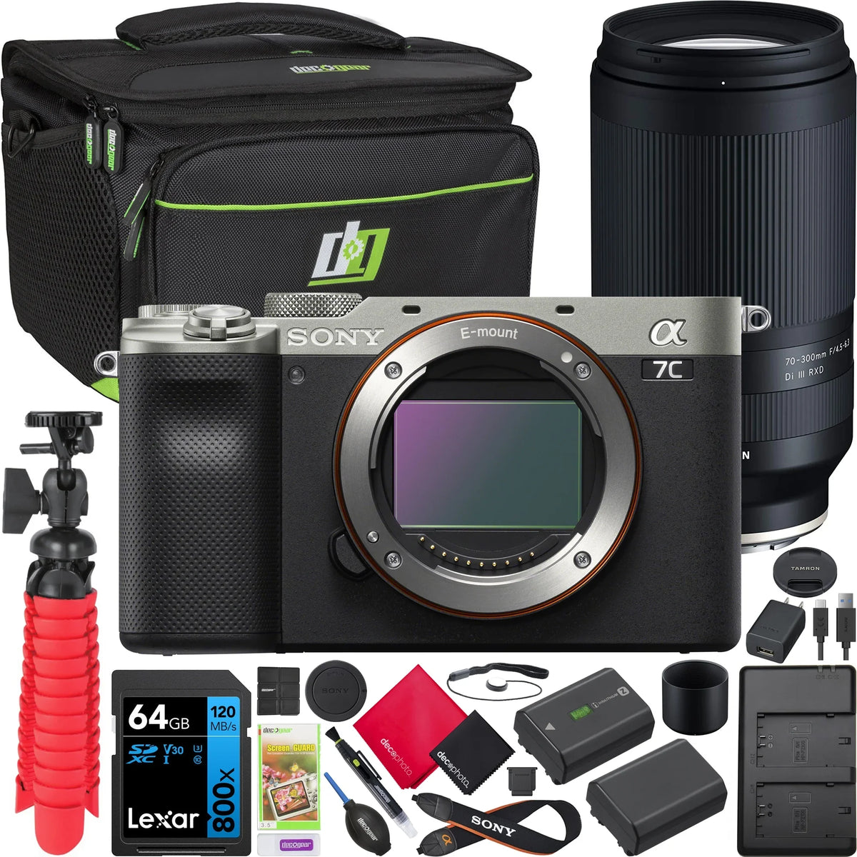 '+ &Kit Gear Full Frame Tripod with Tamron a7C Bag + Charger+ Extra Accessories III Bundle 70-300mm Camera Mirrorless Card+ Body RXD ILCE-7C/S Lens &Dual A047 Deco Silver Battery F4.5-6.3 Di 64GB