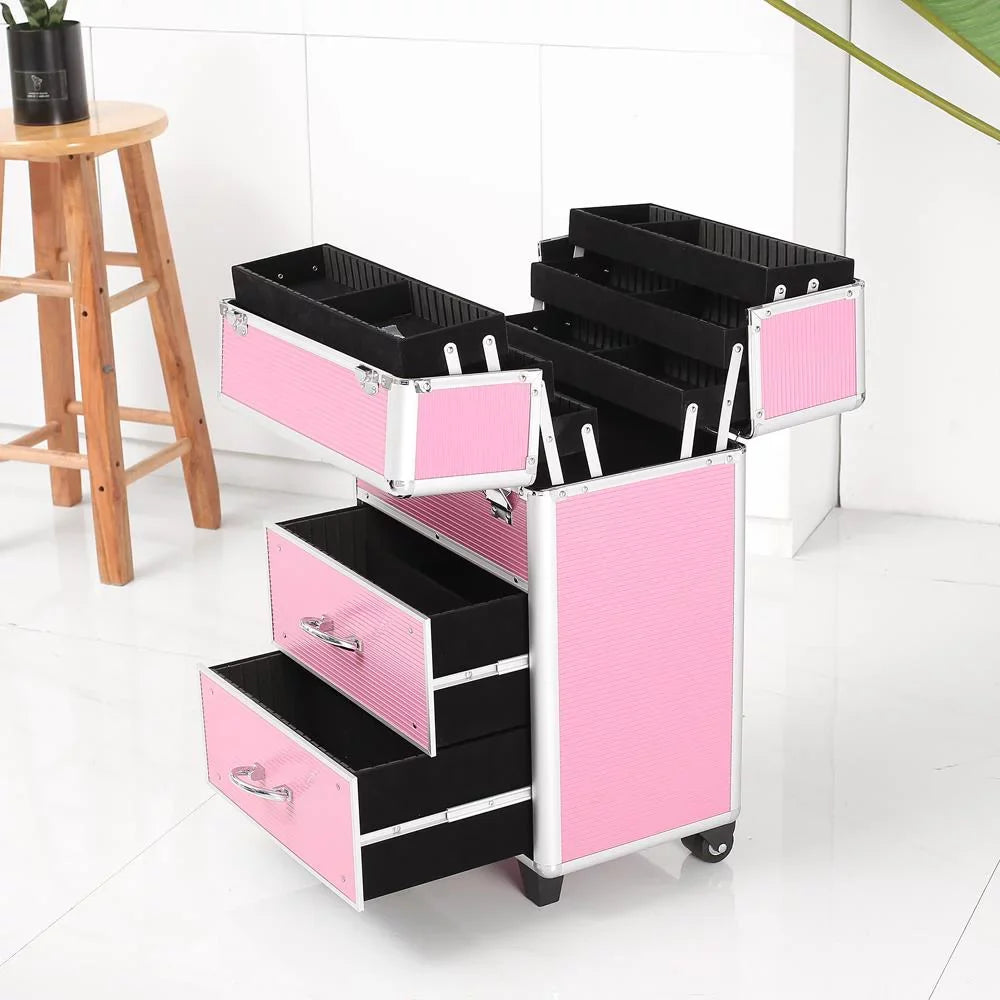 Storage Trolley, Case, Makeup Cosmetic Box in 1 Aluminum Train 3 Lockable Ktaxon Pink Pro Rolling