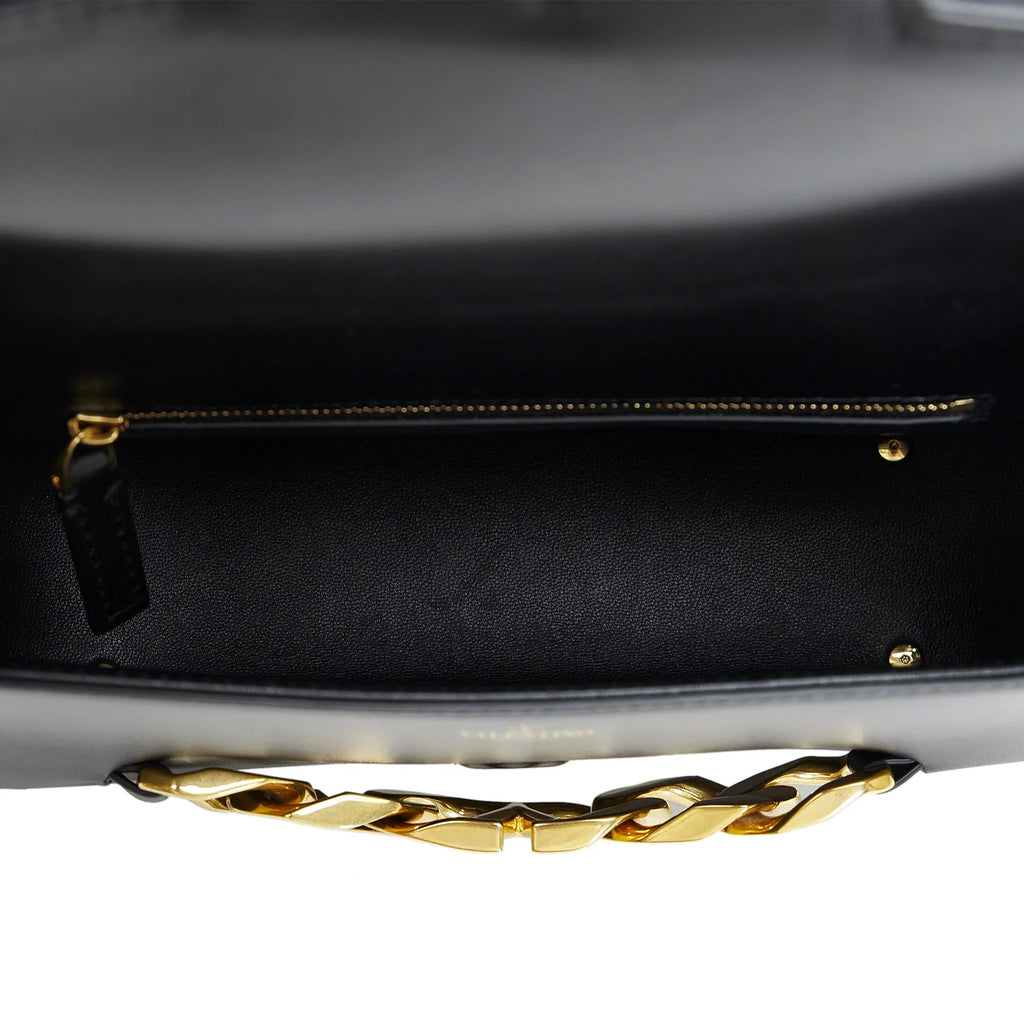 Leather Authenticated Bag Valentino (Good) Vlogo Chain Pre-Owned Black Unisex Shoulder Calf