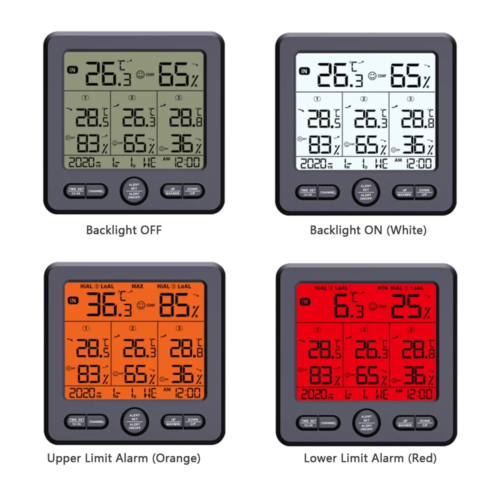 Digital Home Calibration Monitor Backlight for with Temperature Humidity with Indoor climate Transmitters Wireless exterior 98ft/ 3 Offic & Remote Alarm 30m Stations 3 Thermohygrometer Sensors Function