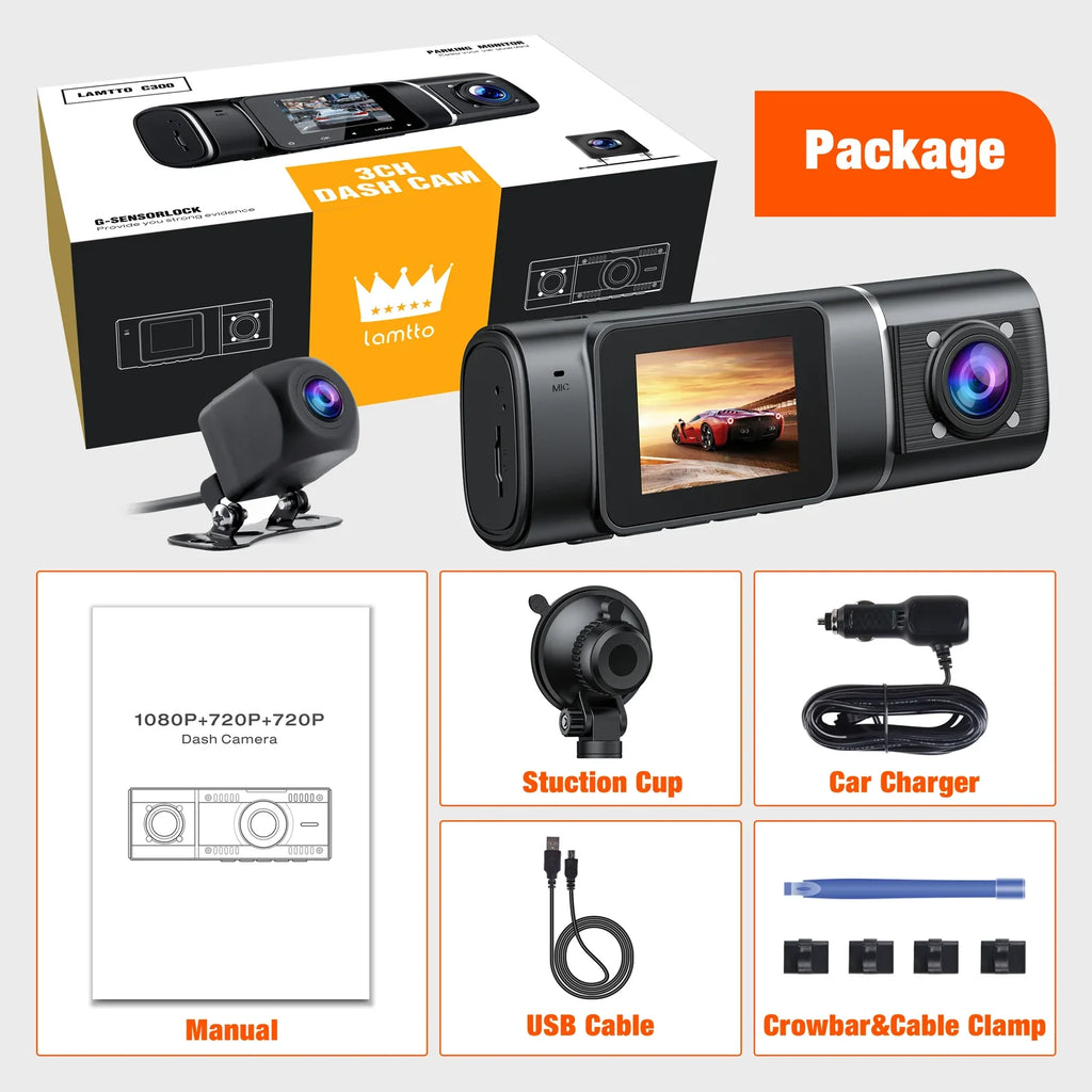 with Motion 3 TOGUARD Three IR Way Cam Channel Car Parking and Dash Detection Vision Triple 1080P Inside Night Rear Front Camera Lock Dash Monitor Camera Accident