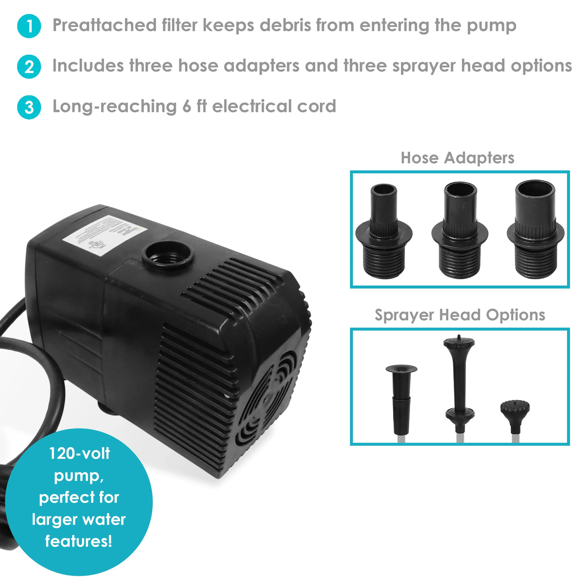 Pond liquid Heads Sunnydaze Electric Spray - 3 Volts Pump with Heads and Filter 120