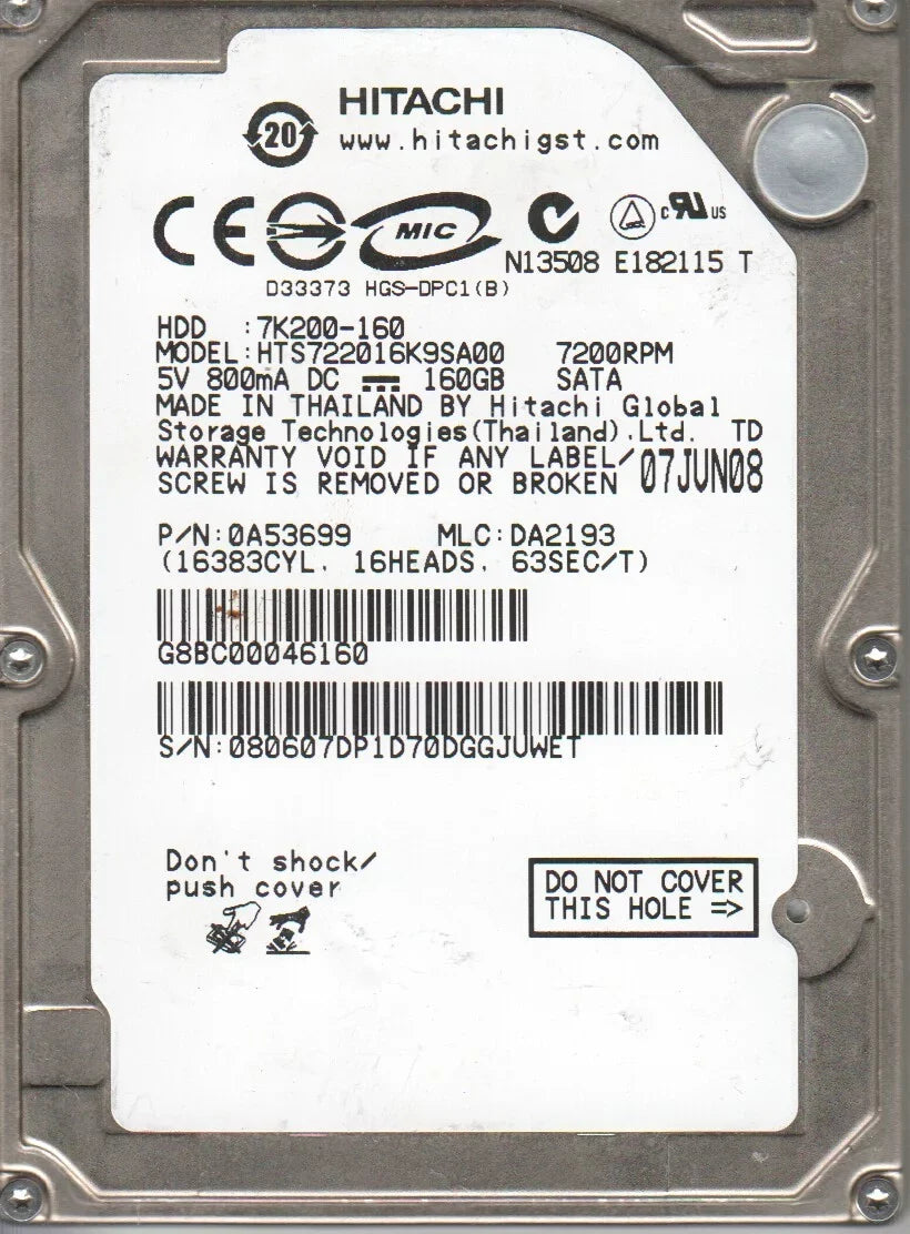 PN 2.5 SATA HTS722016K9SA00, Drive 0A53699, Hitachi DA2193, Hard MLC 160GB