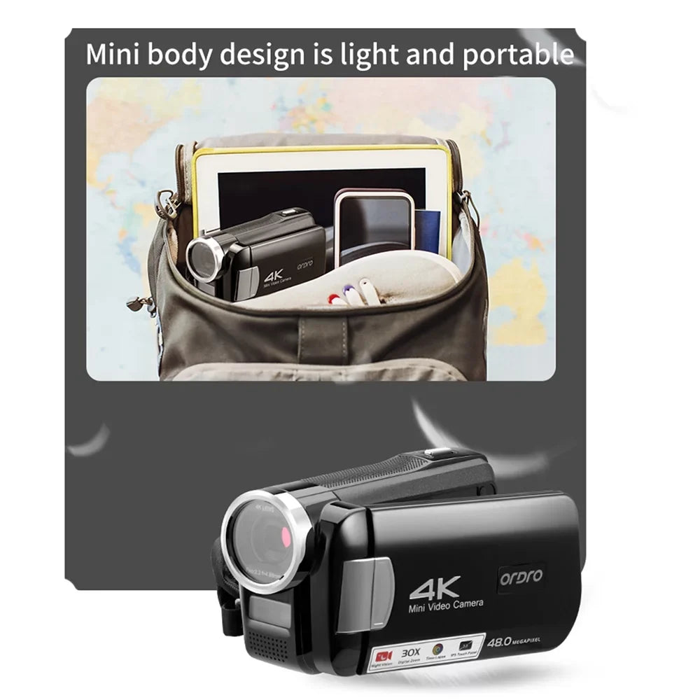 Control 30X IR 4K Bag Recorder Carevas Remote Inch Battery Touchscreen Digital 48MP with DV Zoom Digital Carry 3.0 Video IPS AC2
