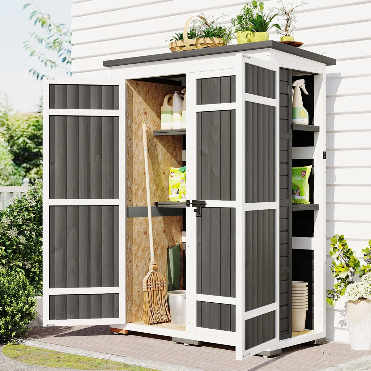 Waterproof Storage Lockable Homiyad Hx4.1ft L and Cabinet with Asphalt Tool Multiple-Tier exterior Shelves, Gray Shed, Doors, Garden Roof, Wood Four White 5.5ft