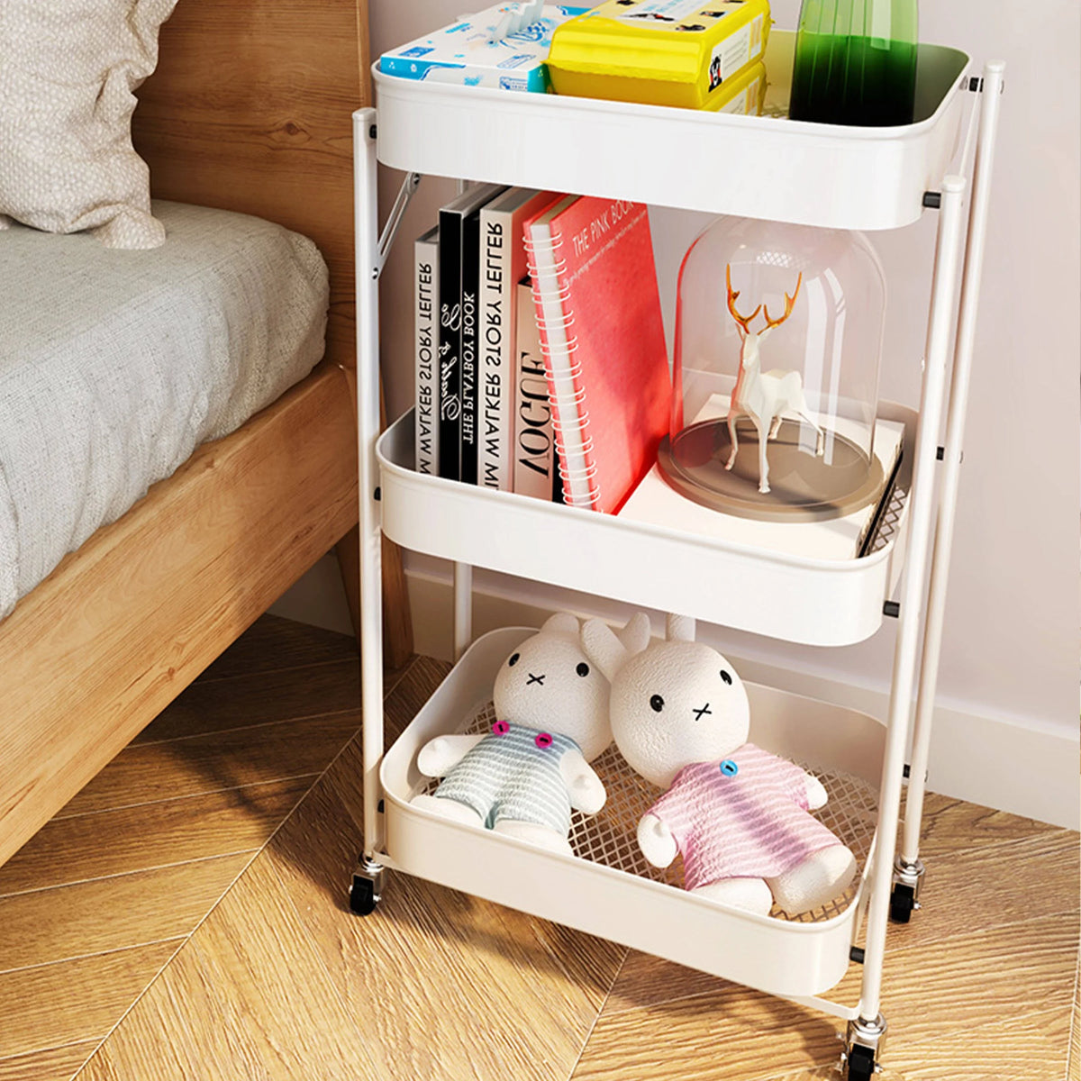 Home With Rolling Library Organizer 3 Utility Utility Shelves Cart Cart Storage Foldable Wheels, Office Multi-Function Metal Rolling Mobile Folding Storage Cart Cart Tier Craft for
