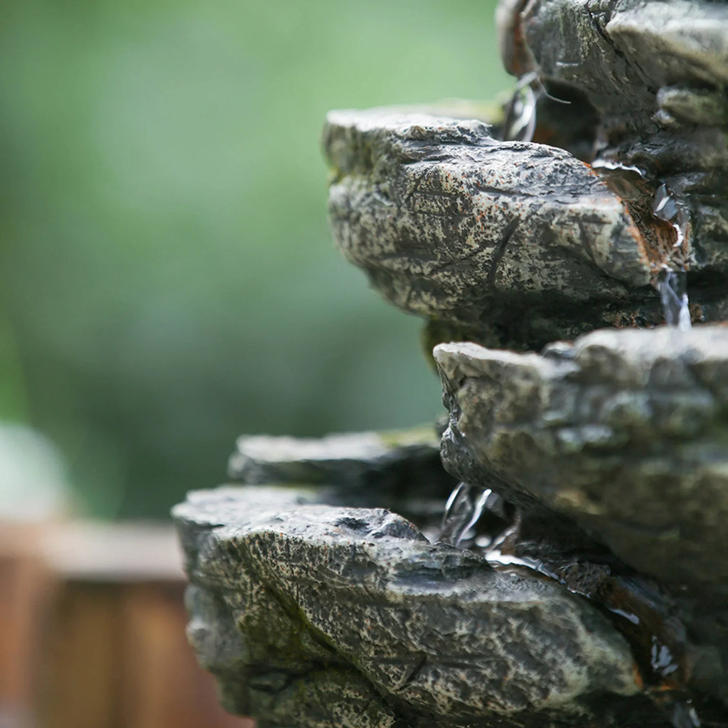 Fountain Tabletop Rock Gray Stone-Look Indoor 7-tier Fountain, 9x5x14" Light liquid LED with Polyresin Cascading