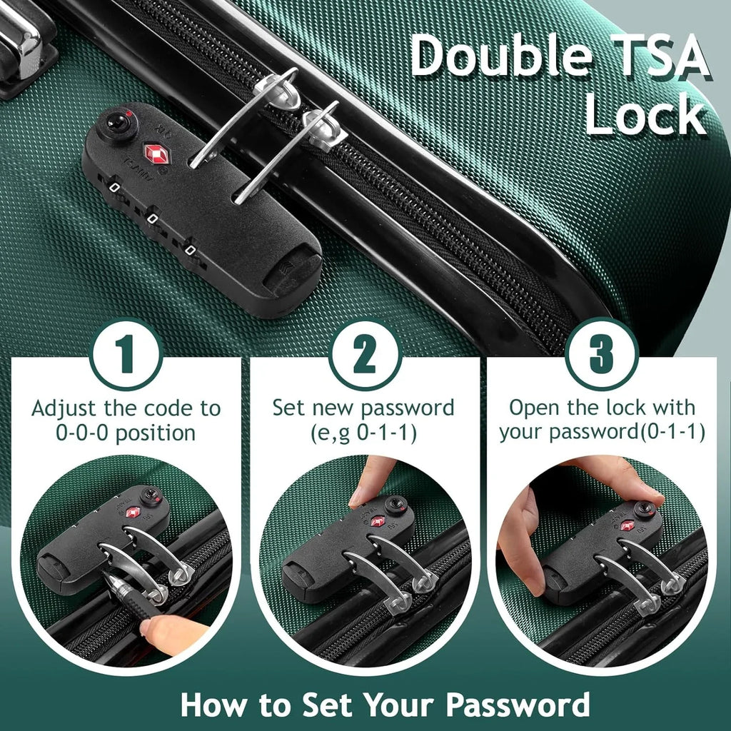 ABS Portable & Carry Spinner 3 with Travel Hardside on for Set Suitcase Lightweight Dark of Luggages Sets - lock, Green (20/24/28) Business Wheels Luggage TSA