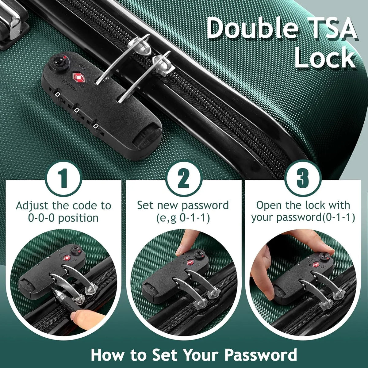 ABS Portable & Carry Spinner 3 with Travel Hardside on for Set Suitcase Lightweight Dark of Luggages Sets - lock, Green (20/24/28) Business Wheels Luggage TSA