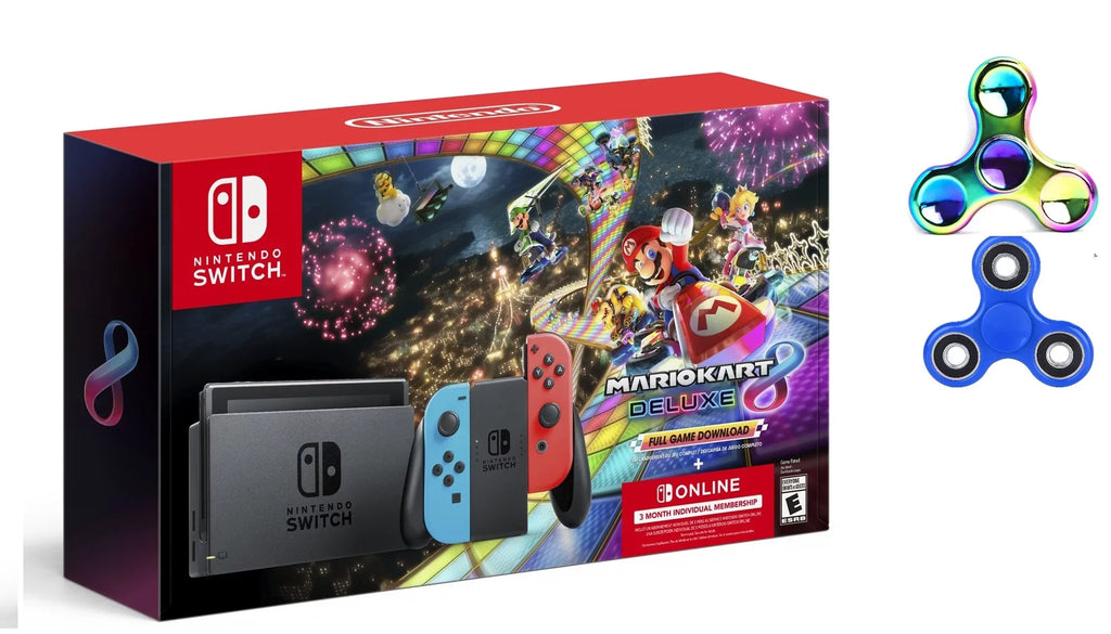 Nintendo & Switch Blue Kart Ptech Joy-Con, 3 with & Deluxe Mario Month with 8 Spinner Red Bundle Membership