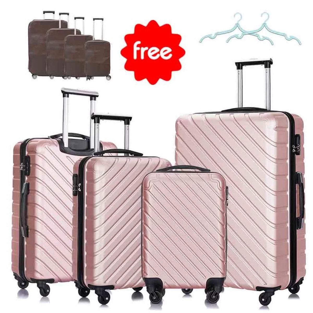 4 Luggage Luggage Piece gold rose Cover&Hanger Spinner Hardshell with On Suitcase,Carry Free Wheels Sets,Travel Inside