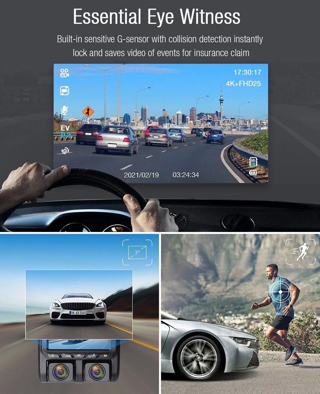 Vision Front TOGUARD Dash Parking Monitor, Night and 3" Loop G-Sensor, with Recording Camera Screen Cam Dual Inside Car IR 1080P LCD Dash Camera