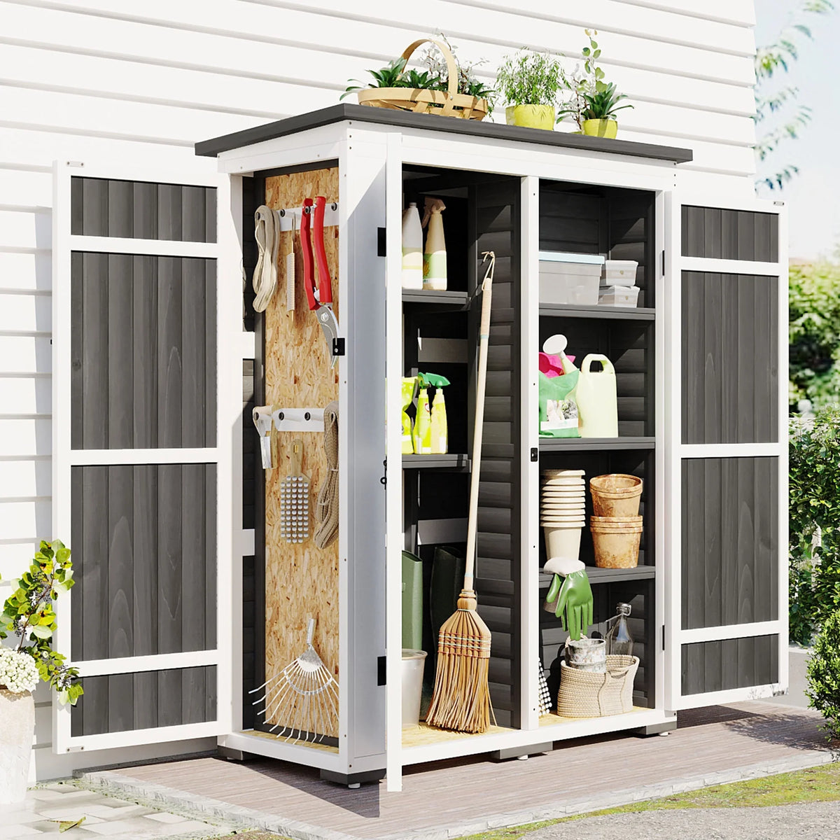 Waterproof Storage Lockable Homiyad Hx4.1ft L and Cabinet with Asphalt Tool Multiple-Tier exterior Shelves, Gray Shed, Doors, Garden Roof, Wood Four White 5.5ft
