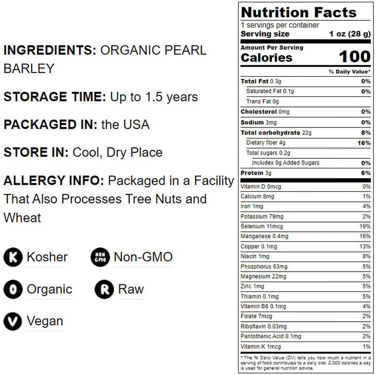 Barley, Pearl Pounds Food Non-GMO, Kosher, to Live Organic by 6 — — Vegan Raw,