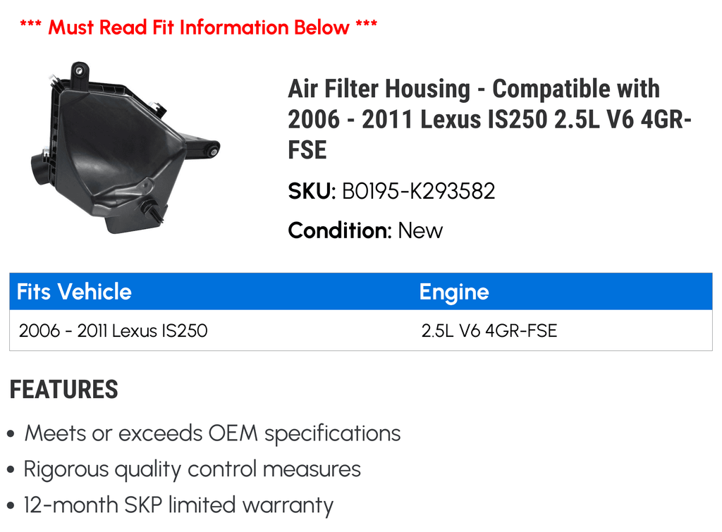 2006 2.5L Filter Compatible IS250 2010 - Housing 2007 Air with - 2009 4GR-FSE 2011 2008 V6