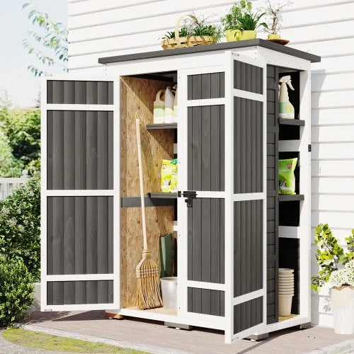 Wood Hx4.1ft Lockable Doors, 5.5ft exterior Asphalt Cabinet Garden White with Four and Roof, L Tool Shed, Multiple-tier Storage Waterproof Shelves, Gray
