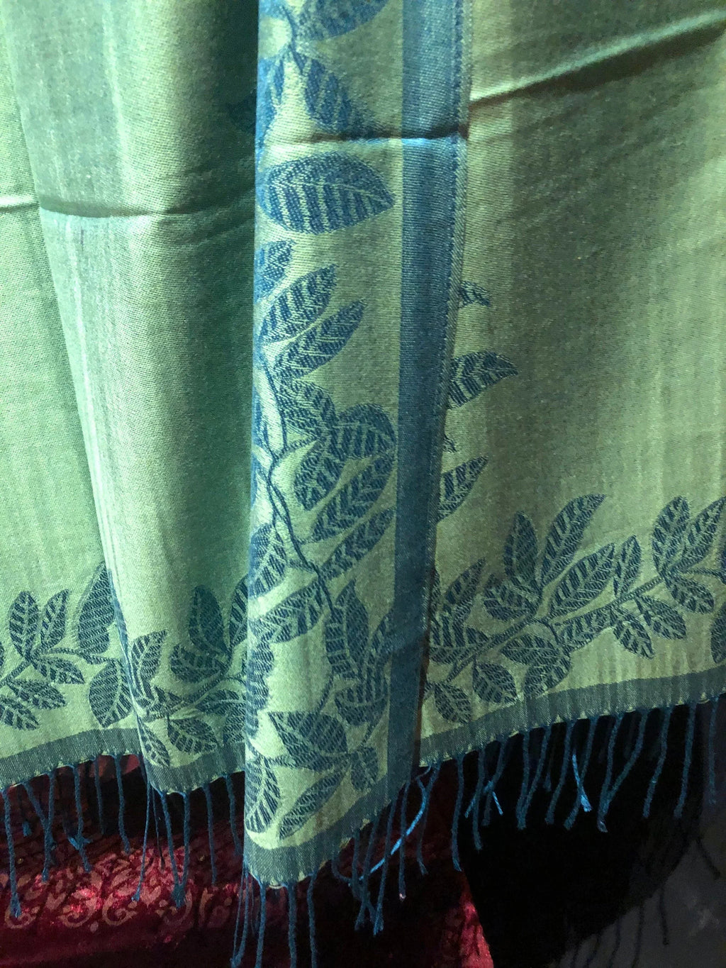 Pashmina shawl blue Scarf Vintage and Green Wrap Vine Teal Reversable Brocade