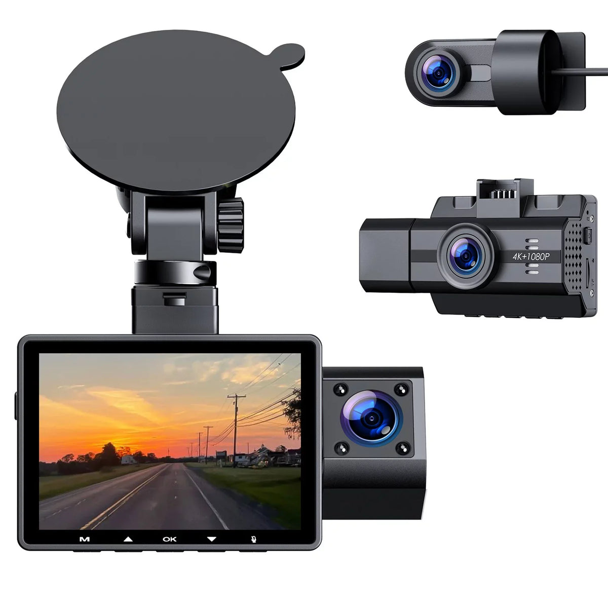 Car Dash and 3 Cam 170°Wide Channel 2K+1080P+1080P Angle, Dash Inside, Front with Rear Camera Night 4K+1080P Triple IR 4K Parking Inside, and Front Camera WDR, Vision, Monitor