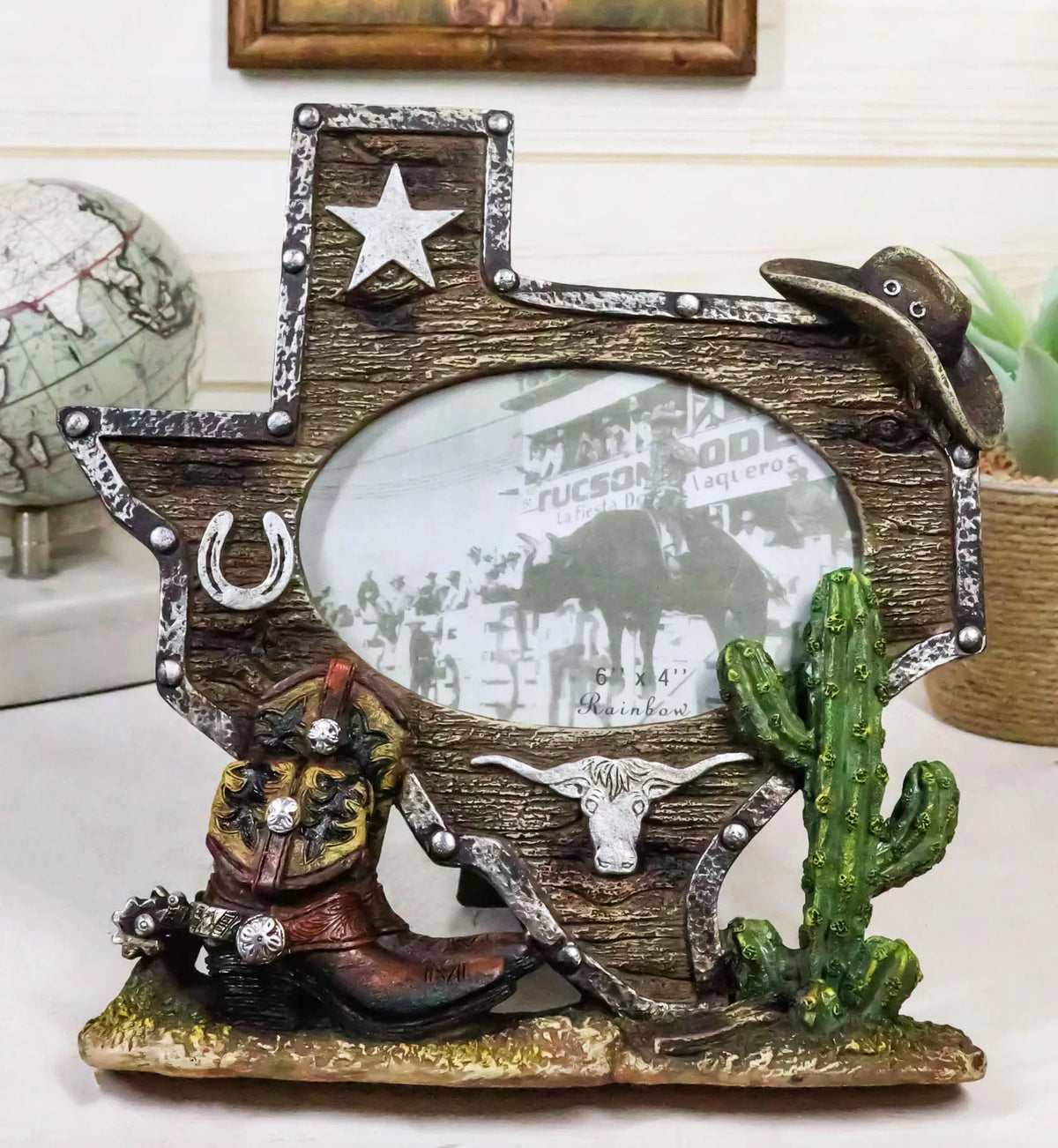 Picture Boot 4"X6" Rustic State Longhorn Cactus Cowboy Map Western Texas Frame