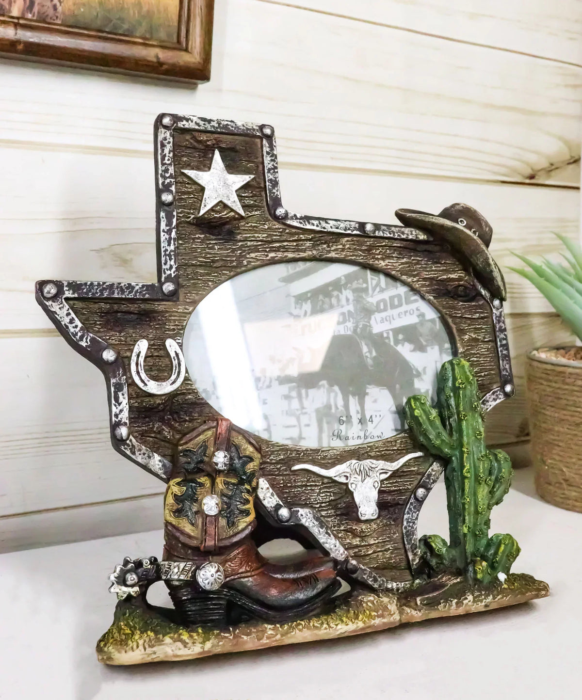 Picture Boot 4"X6" Rustic State Longhorn Cactus Cowboy Map Western Texas Frame