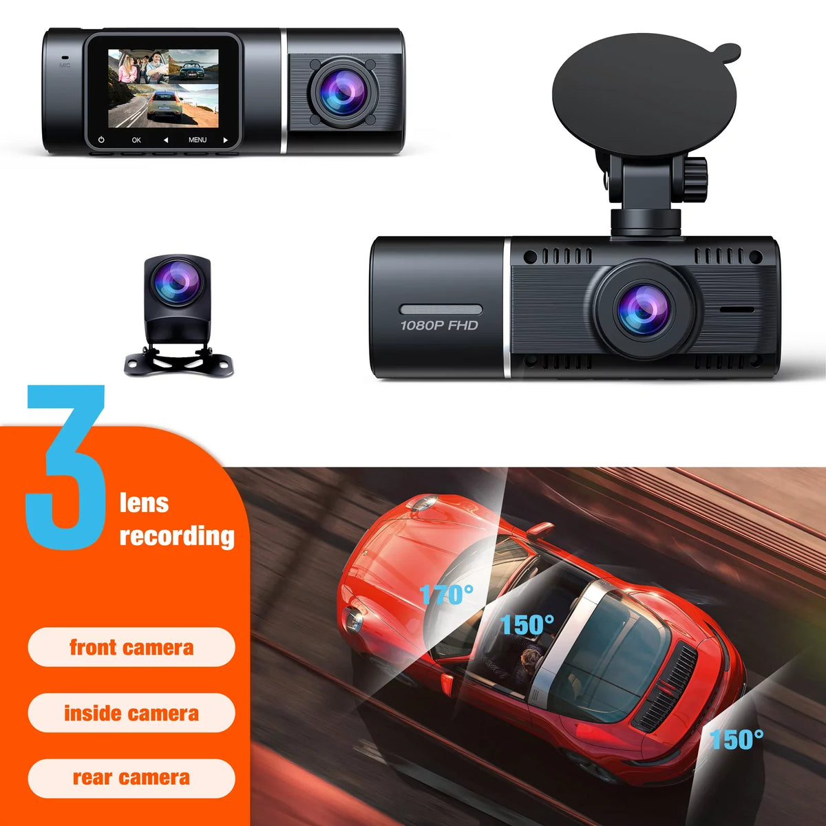 with Motion 3 TOGUARD Three IR Way Cam Channel Car Parking and Dash Detection Vision Triple 1080P Inside Night Rear Front Camera Lock Dash Monitor Camera Accident