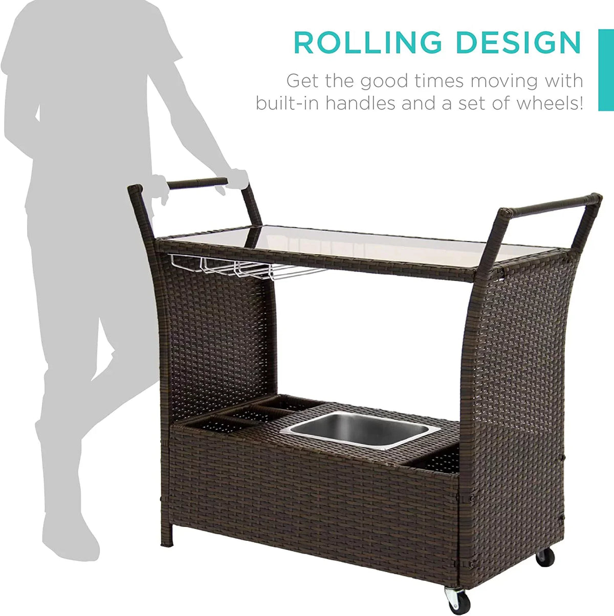w/Removable Wicker Wine exterior Glass Compartments Glass Holders, Cart Bucket, Countertop, Ice Storage - Rolling Brown Bar
