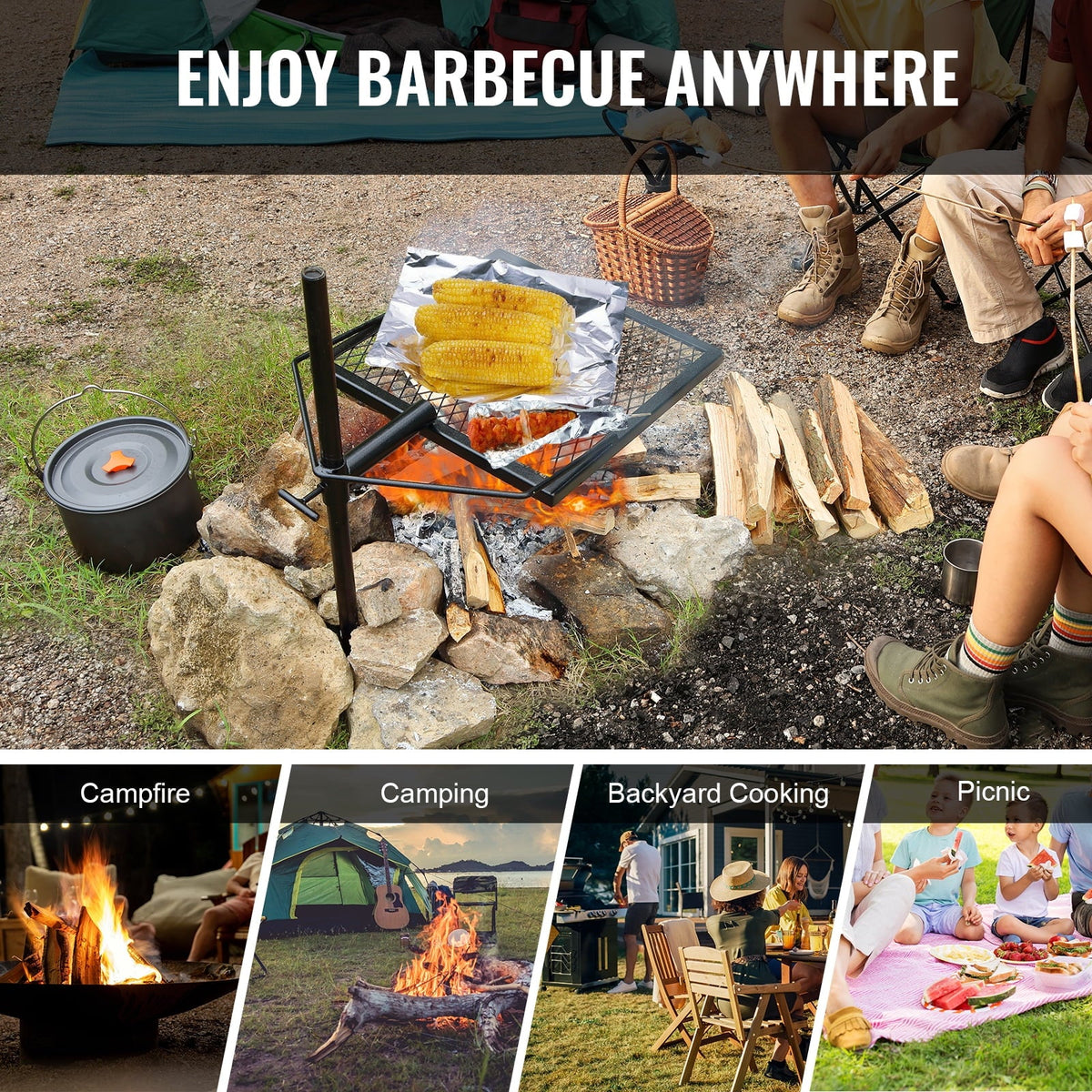 Heavy Steel Fire Cooking Duty x Open Adjustable Campfire 16" 16" Grate BENTISM Swivel Grill