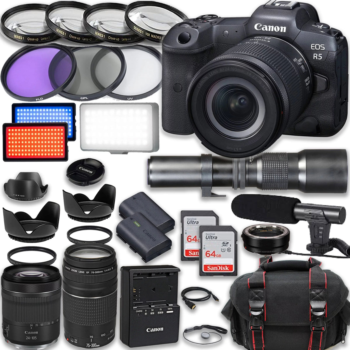 Video Frame 64GB Extra & 500mm Lenses, 2X + Microphone, Camera Full Canon & 75-300mm EOS Accessories: R5 Focus III LED RF Mirrorless Case STM Cards, with Battery, More f/8 24-105mm Memory Light,