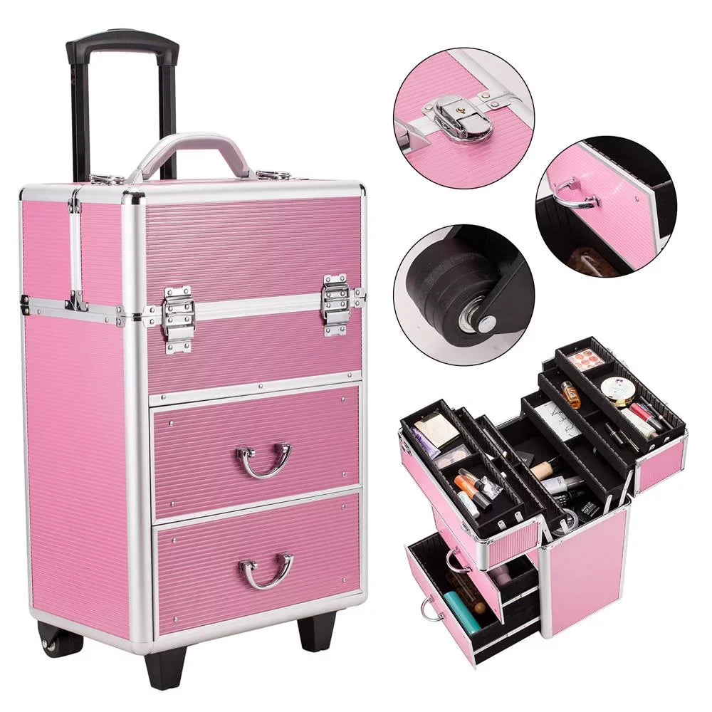 Storage Trolley, Case, Makeup Cosmetic Box in 1 Aluminum Train 3 Lockable Ktaxon Pink Pro Rolling