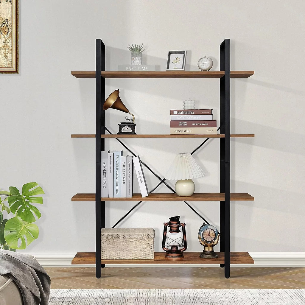 Room, with Shelf, Rustic Bookshelf, Brown DIQIN Shelves Bookcase Display Home Frame, Open Office, 4-Tier for Metal Living Tall Book Bedroom,
