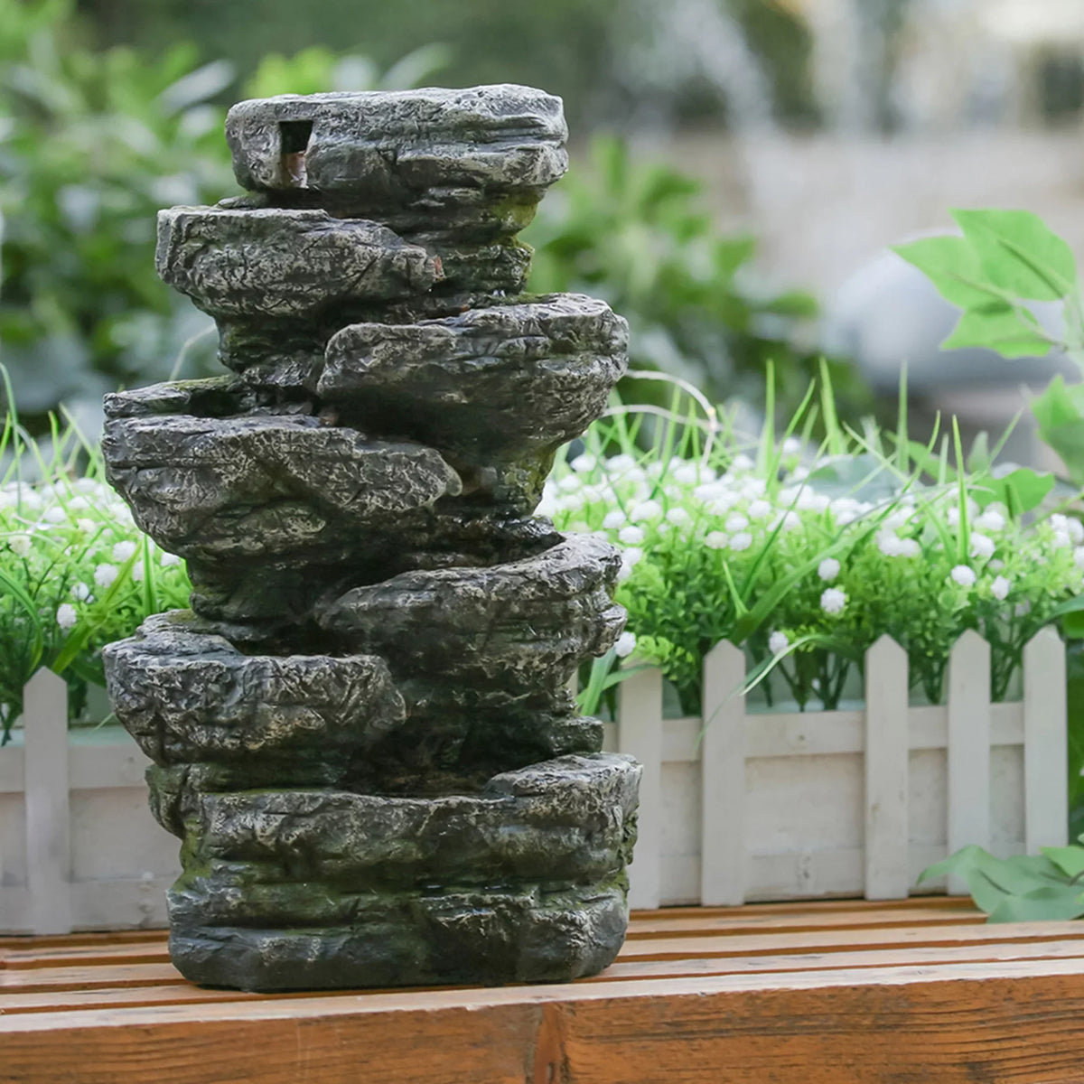 Fountain Tabletop Rock Gray Stone-Look Indoor 7-tier Fountain, 9x5x14" Light liquid LED with Polyresin Cascading