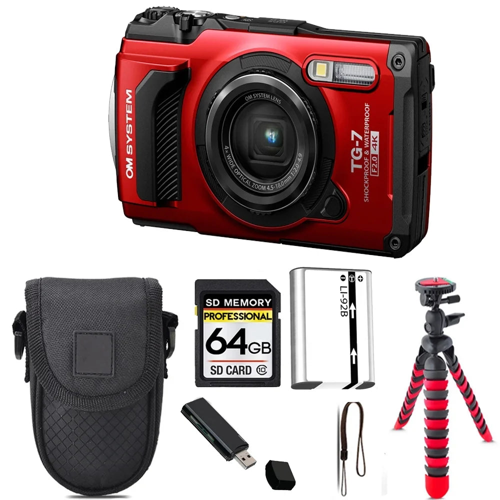 OM + 64GB Tough Camera (Red) Digital TG-7 Olympus + Tripod SYSTEM Case - Kit