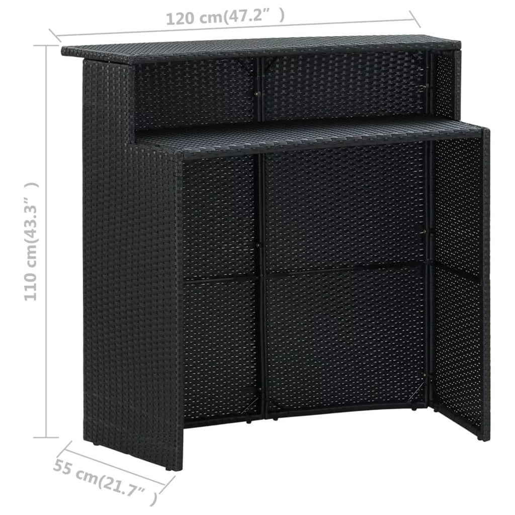 Bistro, Storage Backyard, Piece Patio Set Shelf Dining Pub, for 2 Terrace, Cushioned Rattan Set Garden Table 3 Chairs and Stool Black Bar with Dcenta Poly