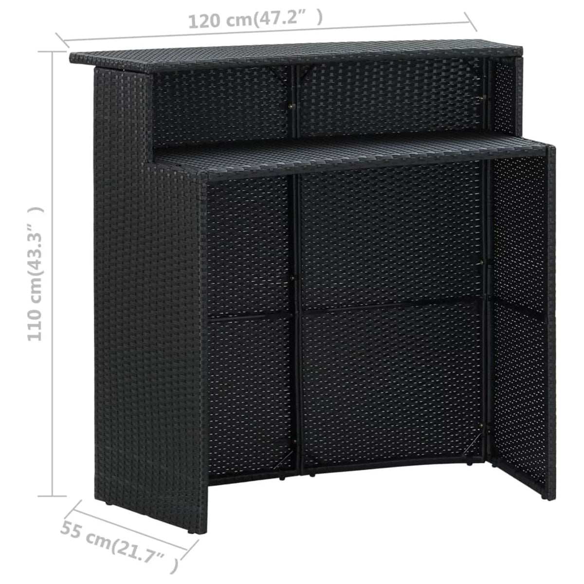Bistro, Storage Backyard, Piece Patio Set Shelf Dining Pub, for 2 Terrace, Cushioned Rattan Set Garden Table 3 Chairs and Stool Black Bar with Dcenta Poly