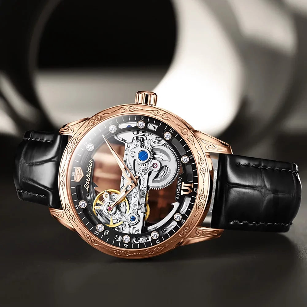 Watch Black Mechanical Luminous Men's Transparent Rose Automatic Skeleton