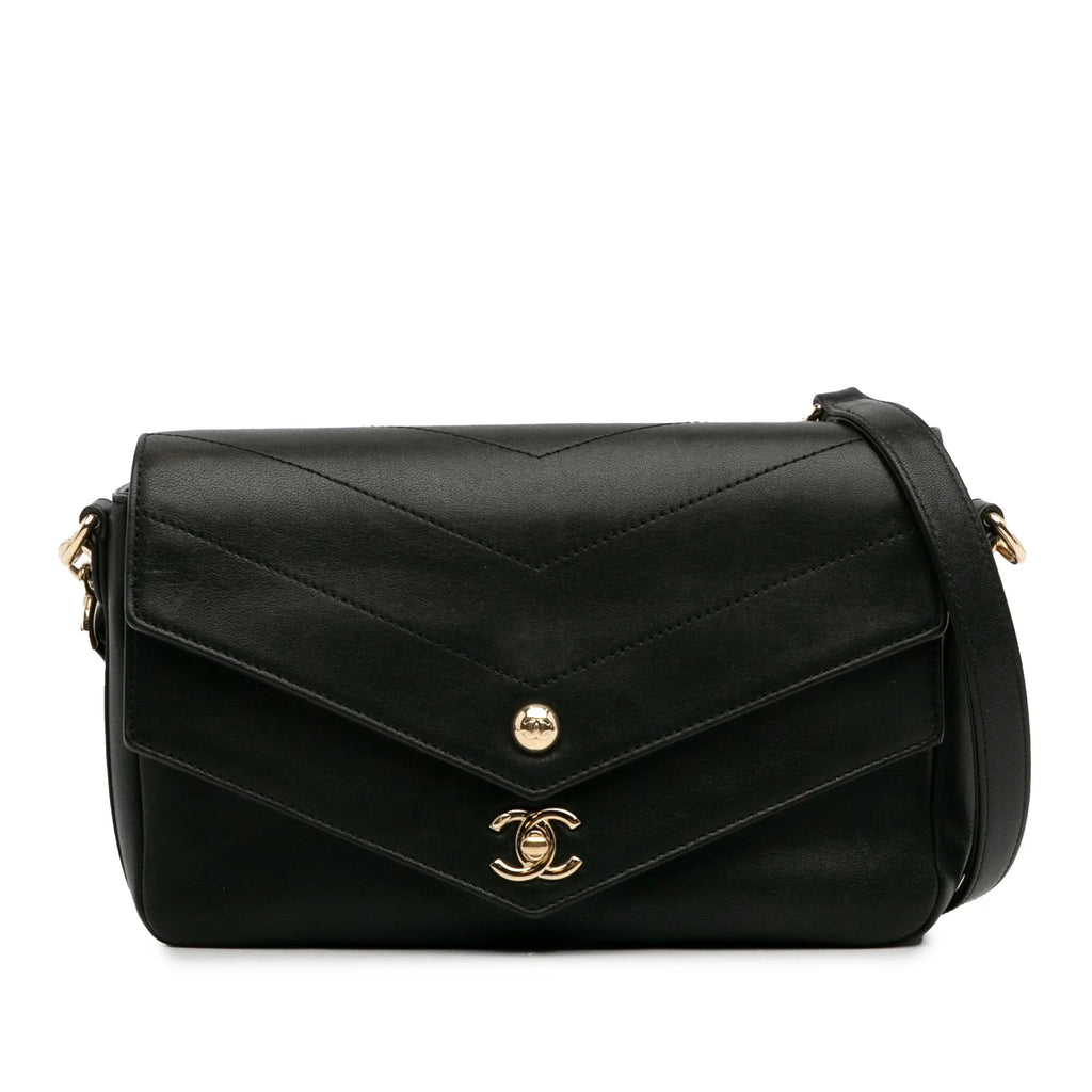 Calf Satchel Double Chevron Authenticated Black Leather (Good) Elaphe Flap Unisex Pre-Owned skin